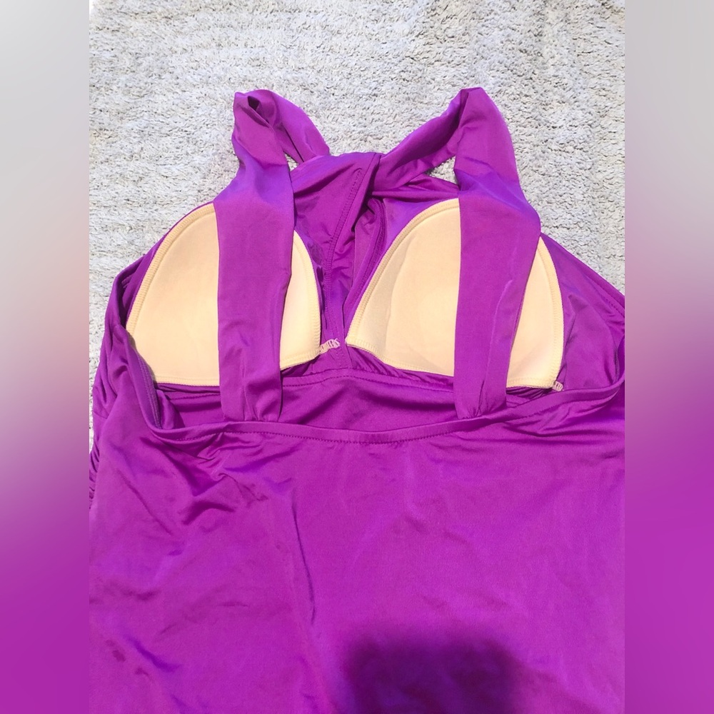 Badgley Mischka Purple Ruched Halter One Piece Swim Suit size 14 - Picture 5 of 8